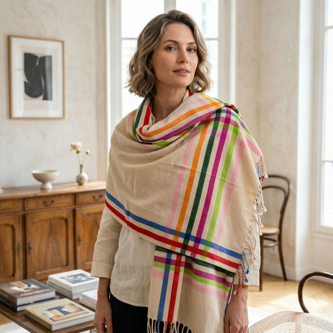White Wool Scarf With Metallic Silk Stripes